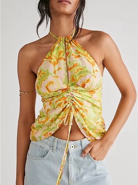 Free People Tops - Free People Halter Top Smocked Ruched Beach 70s Print Rave Festival Yellow XS